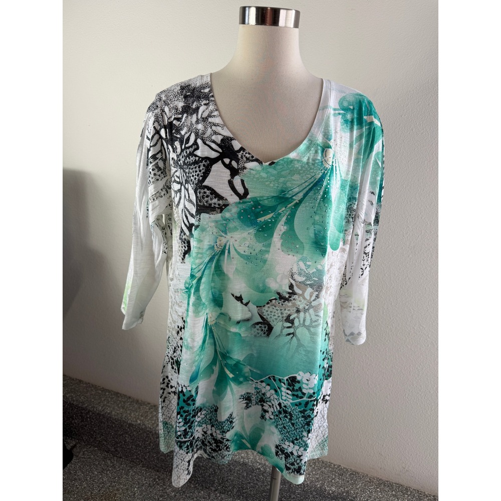 Style & Co Woman Plus 2X Teal Floral Rhinestone V Neck 3/4 Sleeve Tunic Top